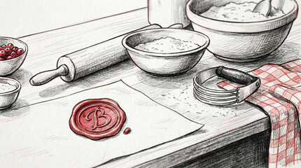 Sketch of baking ingredients on a wooden table