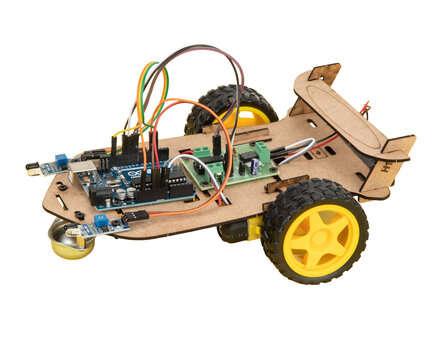 DIY Arduino robot car with wooden chassis, yellow wheels, sensors, and exposed wiring, isolated on transparent background, representing robotics education, programming, electronics
