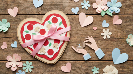 Romantic Pizza in Heart Shape with Ribbon and Flowers on Wooden Board