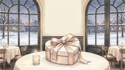 Gift Box with Ribbon on Table by Snowy Window