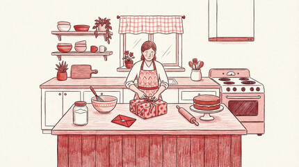 Woman Baking Cake in a Cozy Kitchen