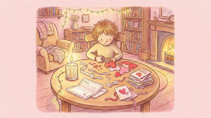 Child Crafting Handmade Valentine Cards in a Cozy Living Room