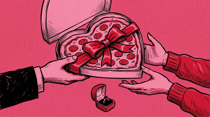 Two hands presenting a heart-shaped pizza with a red ribbon and a ring box