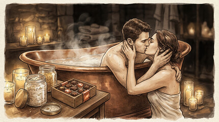 Couple Enjoying Relaxation in a Cozy Hot Tub Setting