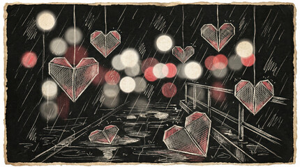 Romantic hearts suspended in a bokeh-lit urban rain scene