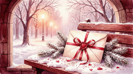 Snowy Scene with Gift Wrapped in Red Ribbon
