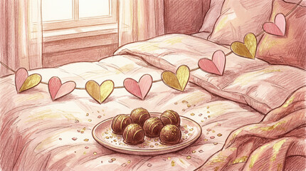 Romantic Bedroom Scene with Chocolate Truffles and Heart Garland