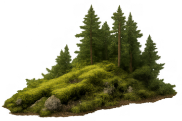 Forest island with evergreen pine trees on a mossy hill and rocks, isolated nature element with transparent background