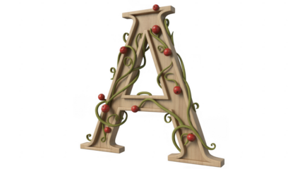 Wooden letter A with green vines and red berries decorative letter isolated on a transparent background