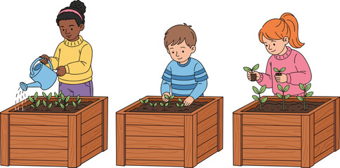 Diverse children gardening together, planting seedlings and watering sprouts in wooden raised beds, kids learning about nature and sustainability outdoors