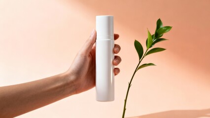 an elegant hand delicately holding a clean white cylindrical bottle without any labels or inscriptions against a soft peach gradient background