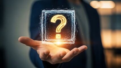 Businessman presenting glowing question mark in hand with futuristic interface