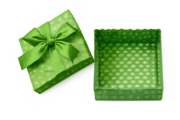 Green gift box opening, ribbon and bow on lid, celebrating birthday, special occasion, surprise present reveal