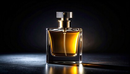 Luxury perfume bottle with dramatic light, black background