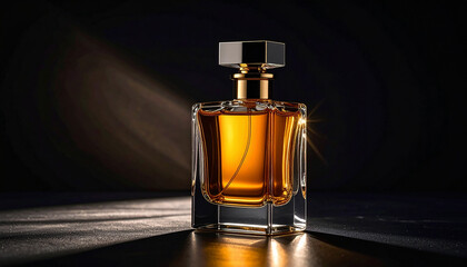 Luxury perfume bottle with dramatic light, black background