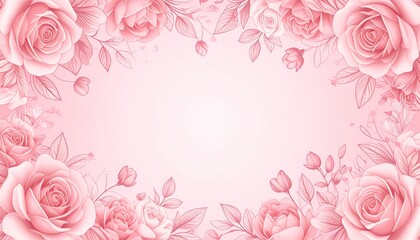 Elegant pink rose floral border on a soft gradient background, perfect for romantic invitations or gentle decorative designs.