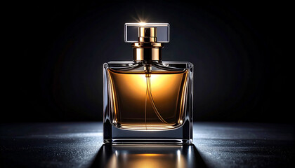 Luxury perfume bottle with dramatic light, black background