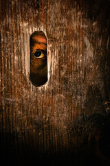 A tense gaze through a peephole in a cracked wooden door