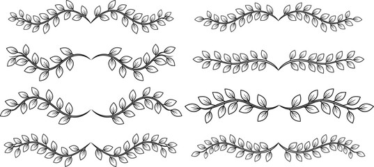 Obraz premium Botanical leaf divider vector set featuring decorative foliage borders branches and elegant floral line ornaments