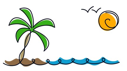 A tropical island with sea and palm trees.
