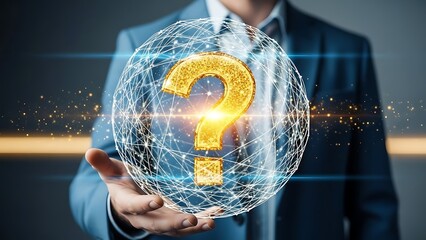 Businessman presenting a glowing question mark in a futuristic network