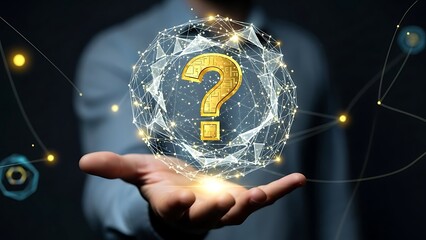 Mysterious businessman holding glowing question mark in palm