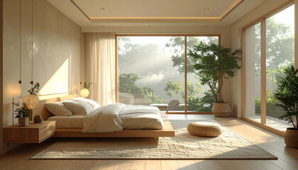 Peaceful bedroom interior, minimal wellness design