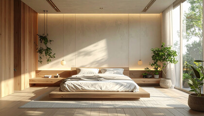 Peaceful bedroom interior, minimal wellness design