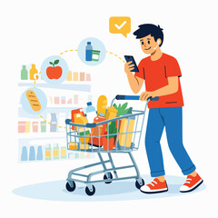 Modern illustration of man grocery shopping while using smartphone suitable for daily lifestyle and vector design