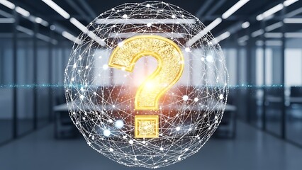 Glowing question mark in modern office with network connections