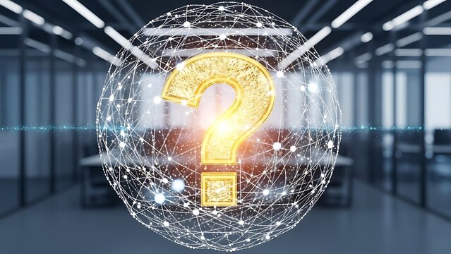 Glowing question mark in modern office with network connections - Powered by Adobe