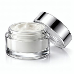 Open glass jar of white cream with silver lid on white background cosmetic skincare