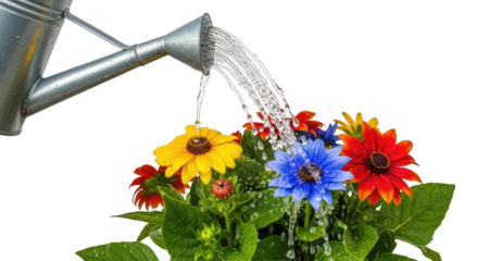 Metal watering can pouring water onto colorful daisy flowers with green leaves on black background image