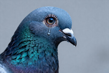 Surreal portrait of a crying pigeon with a human eye, long eyelashes, and a tear. An absurd, bizarre concept of sadness, grief, or hidden emotion.
