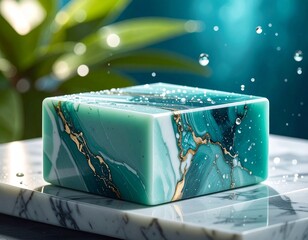 Luxury Marble Soap Dish with Teal Tone and Sparkling Water Drops