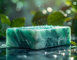 Close-Up of Marble Soap Holder with Teal Hue and Water Droplets