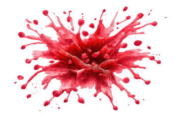 Red paint explosion effect splashing ink drop forming blood splatter abstract texture with liquid splashes and droplets
