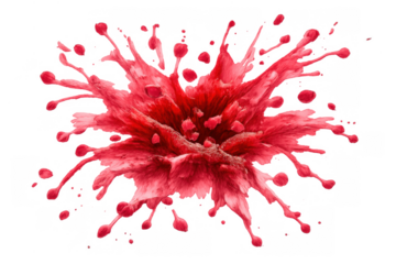 Red paint explosion effect splashing ink drop forming blood splatter abstract texture with liquid splashes and droplets