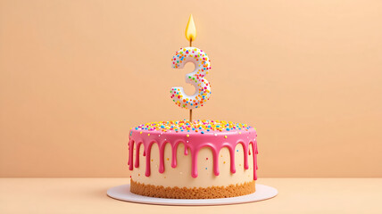 Pink 3rd birthday cake with number candle on cream background - ideal for toddler milestone celebrations, third anniversary invites, and festive bakery branding.