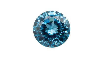 Round cut blue gemstone with brilliant facets reflecting light against a black background image