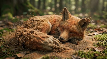 Fototapeta premium Serene Sleeping Fox in Forest Setting