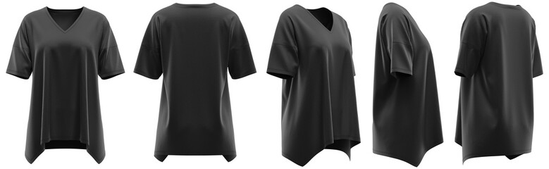 T-Shirt V-Neck Short Sleeve, Loose Fit Hi-Low Hem, Plain Blank Apparel, Mockup Ready Black color