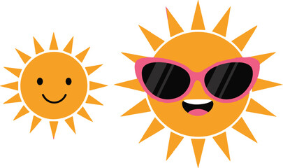 Two cartoon suns one smiling and one wearing pink sunglasses