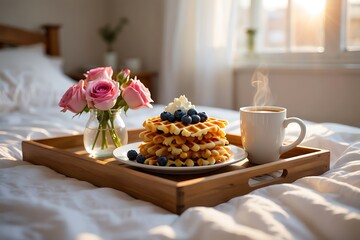 Breakfast in bed with waffles and coffee