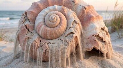 Spiral Seashell On Sandy Beach At Sunrise