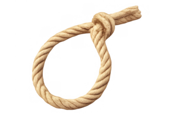 Rope knot forming a loop, visualizing confinement, danger, despair, suicide, or execution on transparent background