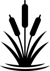 Three cattail plant reeds with leaves and water waves. Natural flora icon or symbol for outdoor, park or wildlife concept. Vector illustration