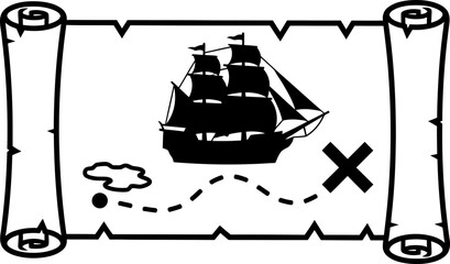 Pirate treasure map with a sailing ship and secret location mark. Adventure concept. Vector illustration for game design, web, banner