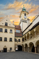 Fototapeta premium Bratslava old town hall courtyard with medieval architecture at sunset