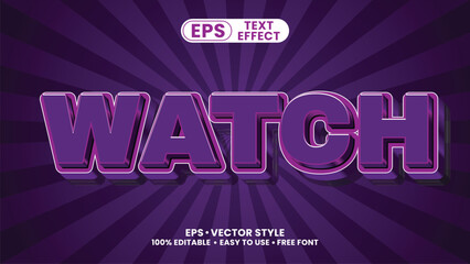 Watch editable text effect, purple 3d typography on sunburst radial background. Vector editable lettering template for streaming, video previews, and cinema titles.